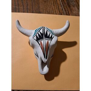 Jemez Pueblo Native American Hand Painted Pottery Steer Skull Signed L Toya